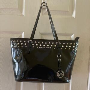 Michael Kors black patent  medium tote with jewels and silver tone studs accents